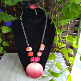 RED+,2PC,ROUND PENDANT NECKLACE/EARRINGS
