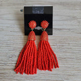 RED, SEED BEAD TASSEL EARRINGS