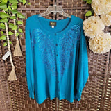 BOB MACKIE,TEAL,3X,SWEATER BUTTON SEQUIN