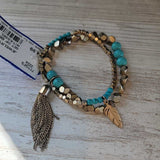 GOLD+,2PC,SET OF BEADED BRACELETS W/TASSEL AND FEATHER