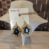 BLACK/GOLD,2PC,TEARDROP RHINESTONE NECKLACE & EARRINGS