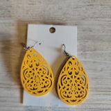 YELLOW, WOOD CARVED TEARDROP EARRINGS