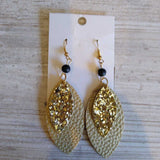 GOLD SPARKLE, DOUBLE LAYER LEATHER DANGLE EARRINGS W/BEAD