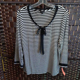 BLACK/WHITE+,XL,STRIPED BLOUSE WITH RIBBON