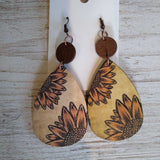 2 TIER WOODEN SUNFLOWER TEARDROP EARRINGS