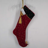 VELVET STOCKING BELL AND TASSLE,GREEN RED,19 IN,GOLD GLITTER STARS