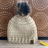 WHITE W BLACK, HAT WITH POM