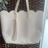 White, Faux Leather Tote w/Tassel