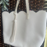 White, Faux Leather Tote w/Tassel