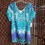 Dressbarn,Blue/Green,1X,Flower Sheer Blouse