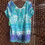 Dressbarn,Blue/Green,1X,Flower Sheer Blouse