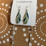 Earings,Blu Grn Slvr , Drop Leaf Beads
