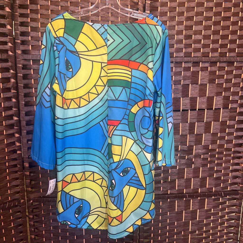 Abstract Cat,Blue ,2Xl,3/4