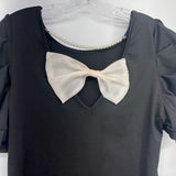 V Neck,Blk ,M,Bow & Pearls