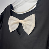 V Neck,Blk ,M,Bow & Pearls